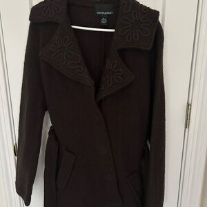 NWOT Cynthia Rowley Dark Brown Trench Coat with Floral Design Belted Wool XL NEW